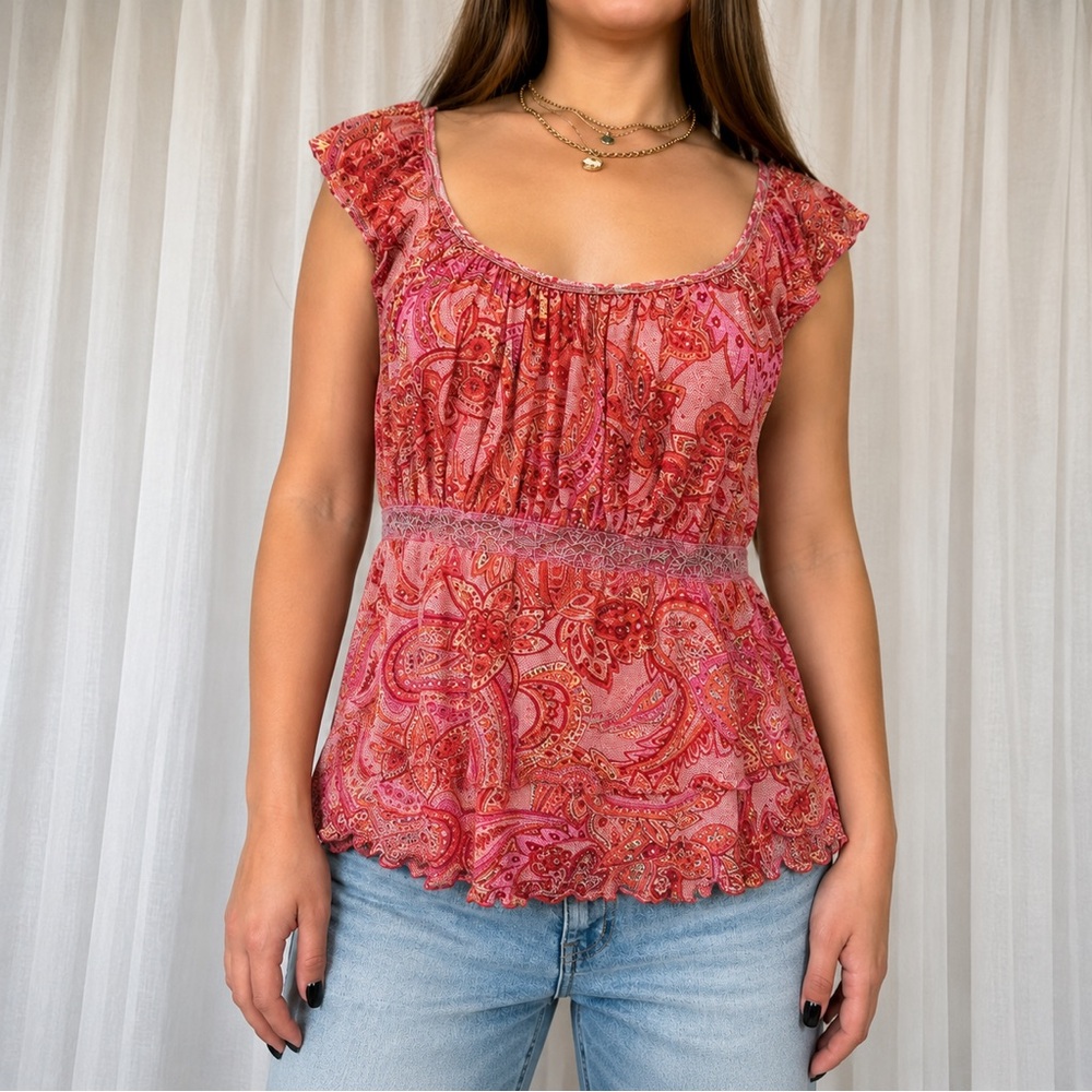 Women's Pink Paisley Scoop-Neck Peplum Camisole